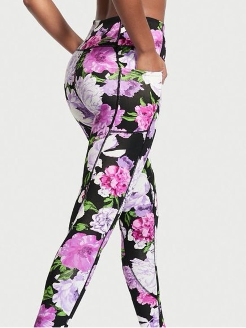 Victoria's Secret 14 R Black Floral High-Waist Leggings Pink Lavender Blooms